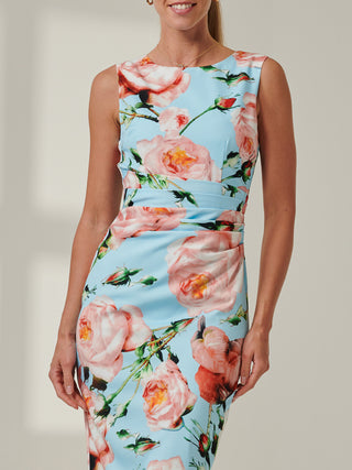 Floral Print Ruched Dress, Blue Floral