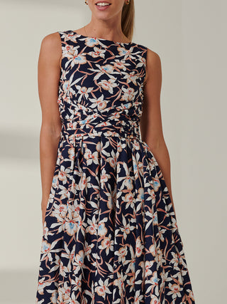 50s Wrap Belt Full Skirted Dress, Navy Floral