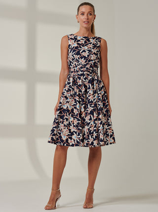 50s Wrap Belt Full Skirted Dress, Navy Floral