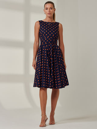 50s Wrap Belt Full Skirted Dress, Navy Polka Dot