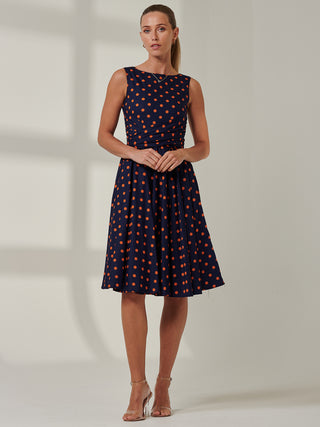 50s Wrap Belt Full Skirted Dress, Navy Polka Dot