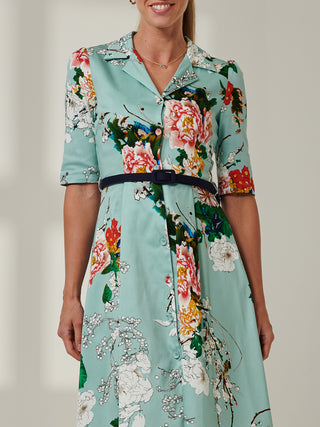 Floral Print Belted Shirt Dress, Aqua Floral