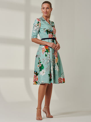 Floral Print Belted Shirt Dress, Aqua Floral