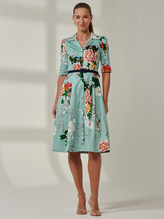 Floral Print Belted Shirt Dress, Aqua Floral