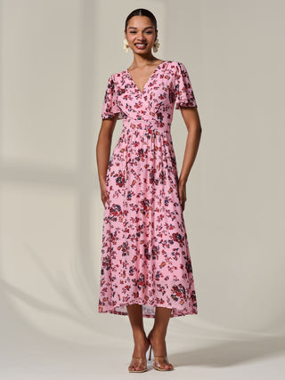 Wrap Front Mesh Maxi Dress, Coral Multi