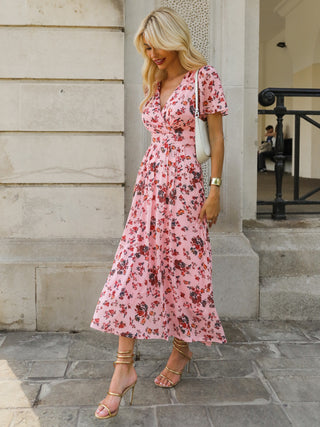 Wrap Front Mesh Maxi Dress, Coral Multi