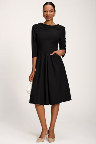 Roll Neck ¾ Sleeve Midi Dress, Black