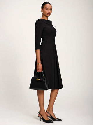 Roll Neck ¾ Sleeve Midi Dress, Black