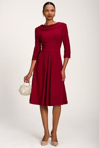 Roll Neck ¾ Sleeve Midi Dress, Burgundy