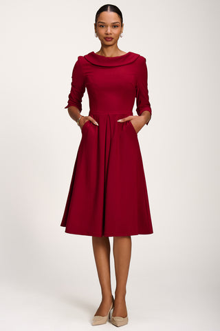 Roll Neck ¾ Sleeve Midi Dress, Burgundy