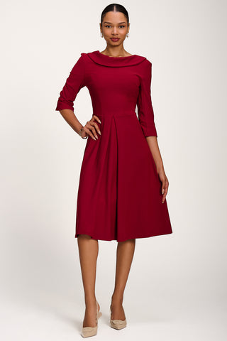 Roll Neck ¾ Sleeve Midi Dress, Burgundy