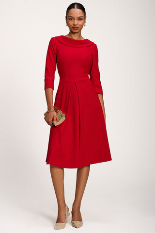 Roll Neck ¾ Sleeve Midi Dress, Tomato Red