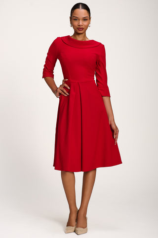Roll Neck ¾ Sleeve Midi Dress, Tomato Red