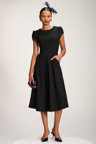 Roll Neck Petal Sleeve Midi Dress, Black