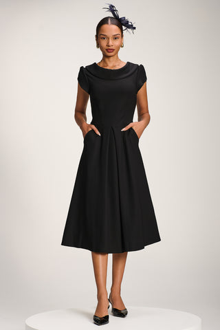Roll Neck Petal Sleeve Midi Dress, Black
