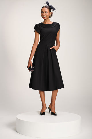Roll Neck Petal Sleeve Midi Dress, Black