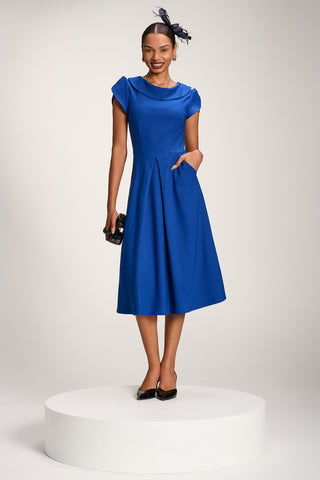 Roll Neck Petal Sleeve Midi Dress, Cobalt Blue