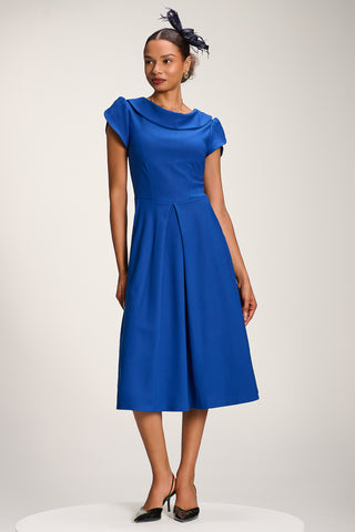 Roll Neck Petal Sleeve Midi Dress, Cobalt Blue