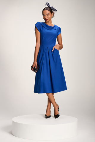 Roll Neck Petal Sleeve Midi Dress, Cobalt Blue