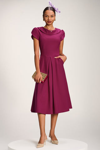 Roll Neck Petal Sleeve Midi Dress, Magenta