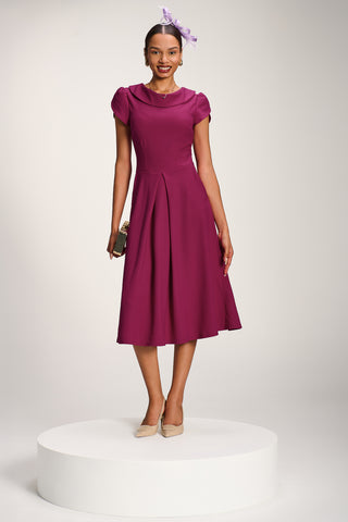 Roll Neck Petal Sleeve Midi Dress, Magenta