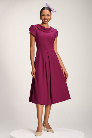 Roll Neck Petal Sleeve Midi Dress, Magenta