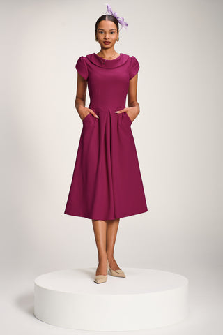Roll Neck Petal Sleeve Midi Dress, Magenta