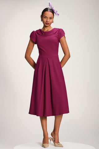 Roll Neck Petal Sleeve Midi Dress, Magenta