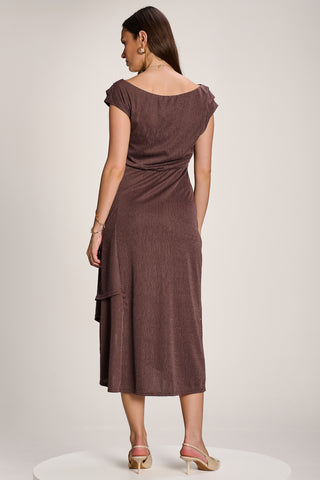 Asymmmetric Draped Midi Dress, Brown