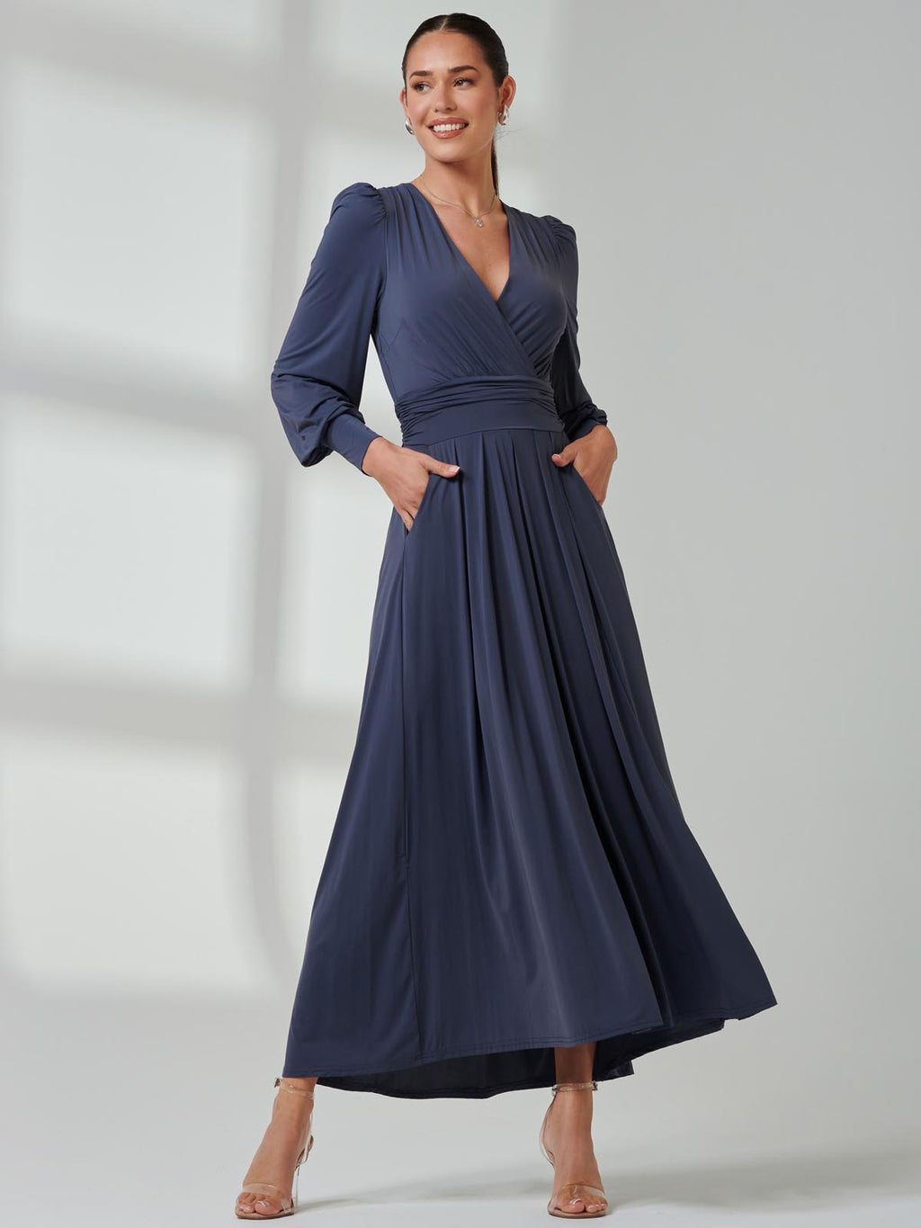 Long Sleeve Super Soft Jersey Maxi Dress, Steel Blue – Jolie Moi Retail