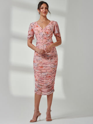 Angel Sleeve Ruched Mesh Midi Dress, Blue Floral