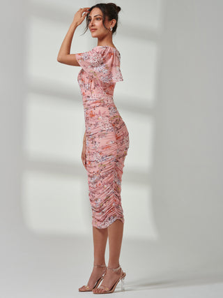 Angel Sleeve Ruched Mesh Midi Dress, Blue Floral