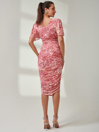 Angel Sleeve Ruched Mesh Midi Dress, Coral Multi