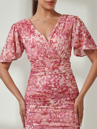 Angel Sleeve Ruched Mesh Midi Dress, Coral Multi