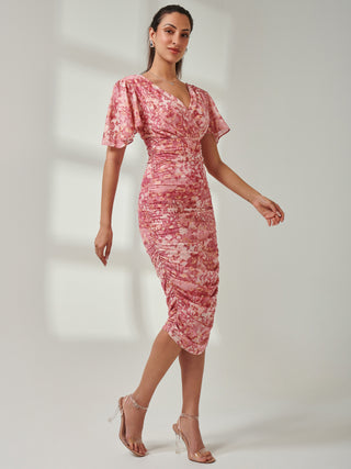 Angel Sleeve Ruched Mesh Midi Dress, Coral Multi
