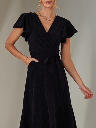 Marlie Metallic Angel Sleeve Maxi Dress, Navy