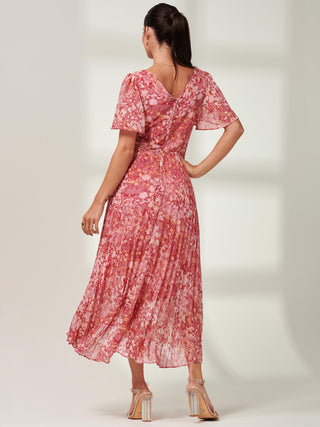 Olenna Pleated Chiffon Maxi, Short Angel Sleeve, Red Abstract, Back Side