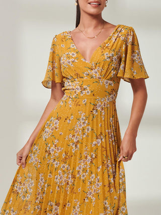 Olenna Pleated Chiffon Maxi, Short Angel Sleeve, Yellow,  Framed with a V-neckline, Close up Image