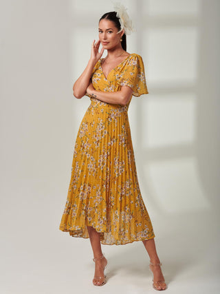 Olenna Angel Sleeve Pleated Chiffon Maxi, Yellow Floral