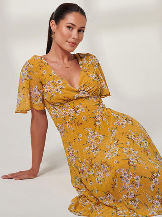 Olenna Pleated Chiffon Maxi, Short Angel Sleeve, Yellow, Close up Image