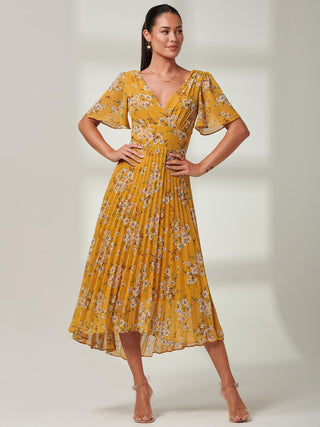 Olenna Pleated Chiffon Maxi, Short Angel Sleeve, Pleated dress, Yellow Floral, Front Side