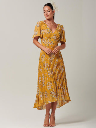 Olenna Pleated Chiffon Maxi, Short Angel Sleeve, Floral Print, Yellow