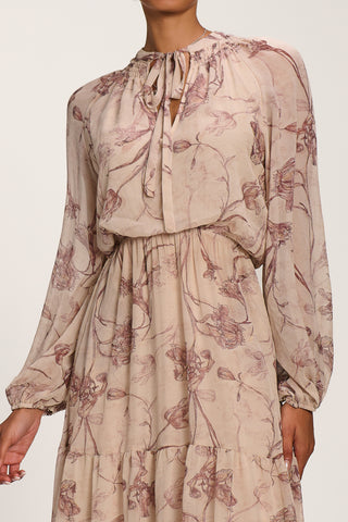 Chiffon Tie Neckline Midaxi Dress, Brown Floral