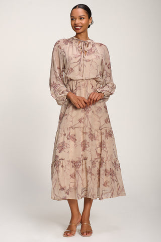 Chiffon Tie Neckline Midaxi Dress, Brown Floral