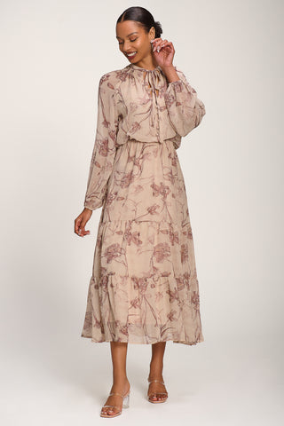 Chiffon Tie Neckline Midaxi Dress, Brown Floral