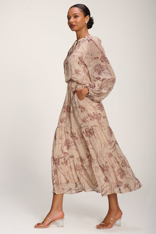 Chiffon Tie Neckline Midaxi Dress, Brown Floral