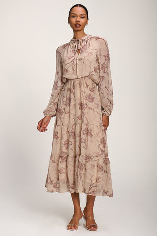 Chiffon Tie Neckline Midaxi Dress, Brown Floral