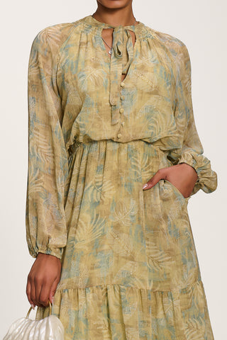 Chiffon Tie Neckline Midaxi Dress, Green Abstract