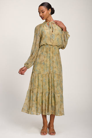 Chiffon Tie Neckline Midaxi Dress, Green Abstract