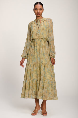 Chiffon Tie Neckline Midaxi Dress, Green Abstract